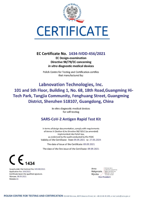Labnovation's SARS-CoV-2 Antgen Rapid Test Kit (For Self-testing ) Pass The CE Certificated